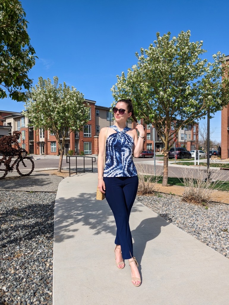 \"navy-blue-monochrome-outfit-nude-heels-clara-sunwoo-black-sunglasses-spring-outfit\"